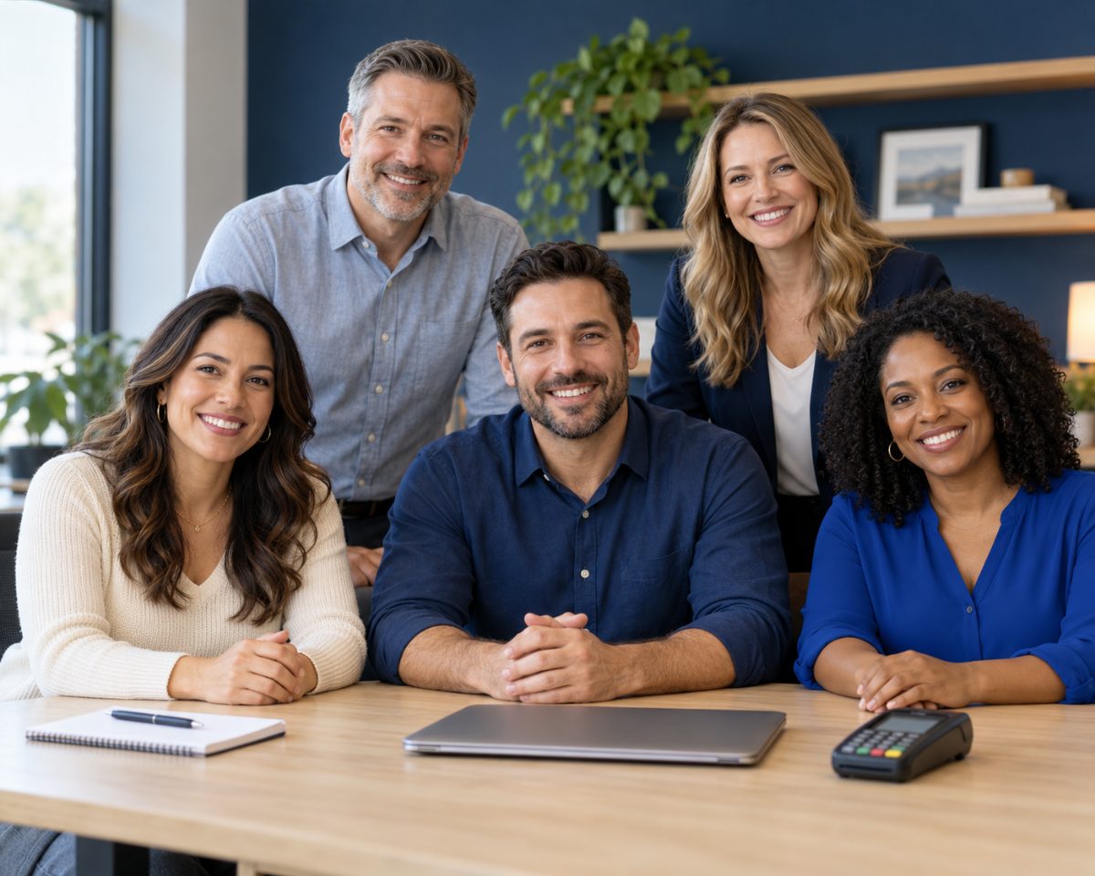 The Trice Pay team smiling together around a table with a laptop and a payment terminal