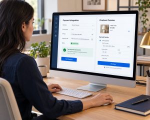 Business owner testing a payment gateway integration and checkout preview on a desktop computer