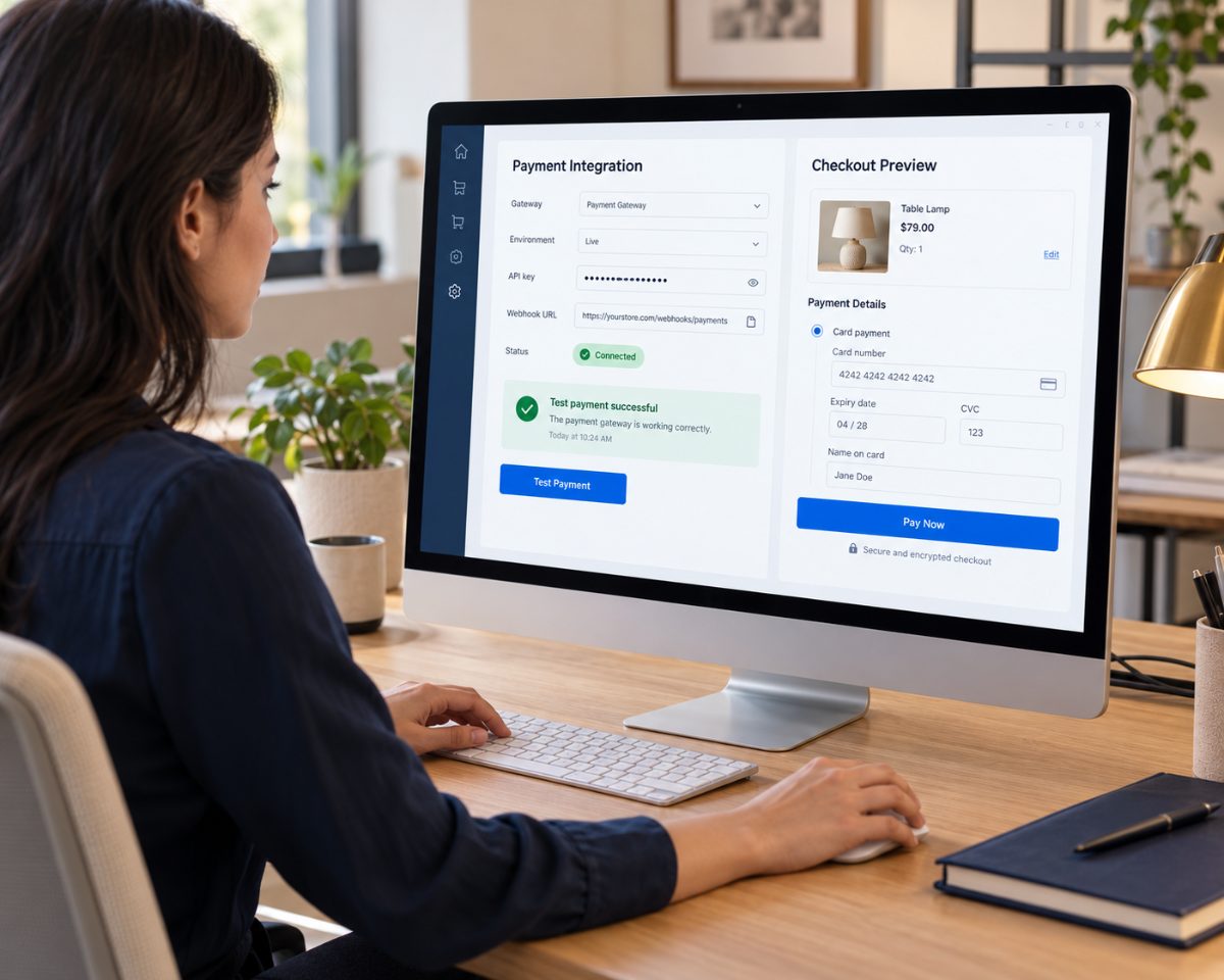 Business owner testing a payment gateway integration and checkout preview on a desktop computer