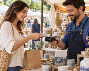 Customer paying with a phone on a handheld terminal at an outdoor market stall