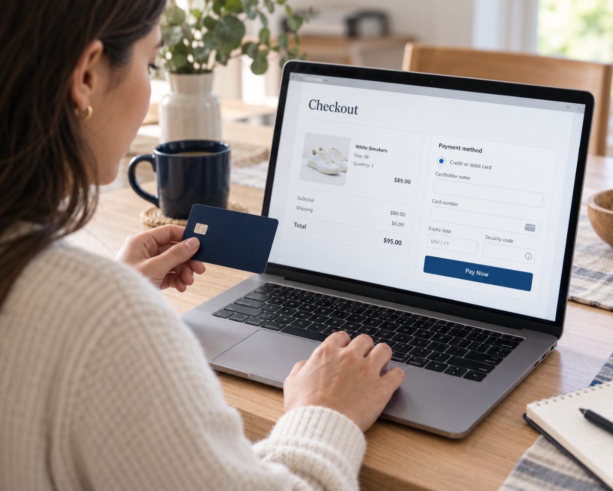 Customer holding a card while completing an online checkout on a laptop